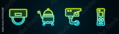 Set line Bellboy hat, Covered with tray, Security camera and Remote control. Glowing neon icon. Vector