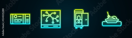 Set line Train ticket, Railway map, Toilet the train car and Plate with food. Glowing neon icon. Vector