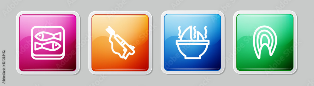 Set line Canned fish, Fishing harpoon, Shark fin soup and steak. Colorful square button. Vector Set line Canned fish, Fishing harpoon, Shark fin soup and steak. Colorful square button. Vector