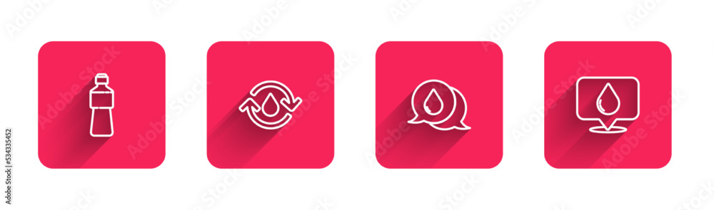 Set line Bottle of water, Recycle clean aqua, Water drop with speech bubbles and location with long shadow. Red square button. Vector Set line Bottle of water, Recycle clean aqua, Water drop with speech bubbles and location with long shadow. Red square button. Vector