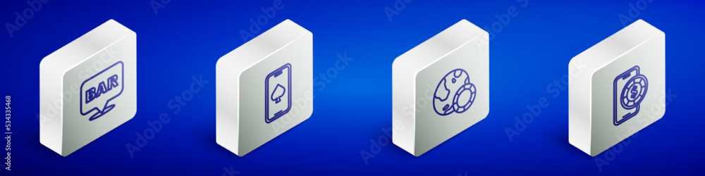 Fototapeta premium Set Isometric line Alcohol bar location, Online poker table game, Casino chips and icon. Vector