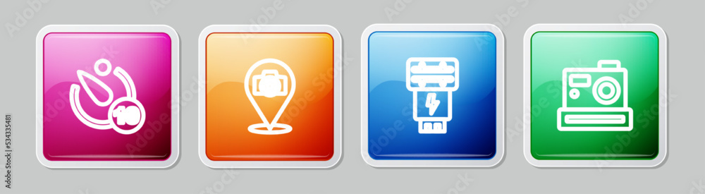 Set line Camera timer, Photo camera, flash and . Colorful square button. Vector Set line Camera timer, Photo camera, flash and . Colorful square button. Vector