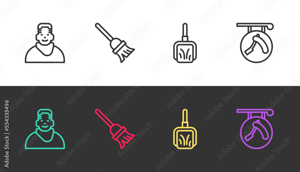 Set line Client in barbershop, Mop, Dustpan and Barbershop with razor on black and white. Vector Set line Client in barbershop, Mop, Dustpan and Barbershop with razor on black and white. Vector