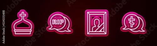 Set line Church tower, Speech bubble rip death, Mourning photo frame and Grave with cross. Glowing neon icon. Vector