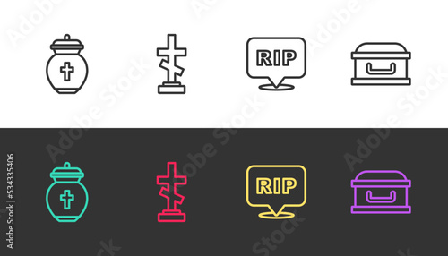 Set line Funeral urn, Grave with cross, Speech bubble rip death and Coffin on black and white. Vector