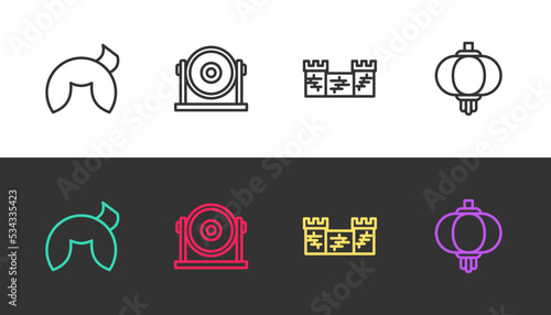 Set line Chinese fortune cookie, Gong, Great wall of China and paper lantern on black and white. Vector
