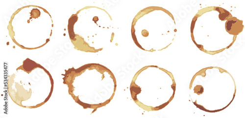 Coffee or tea stain set, splashes of cups, mugs and drops. High quality abstract shape for menu, bar, cafe, restaurant. Ink, paint or other liquid cup stain. Trace from mug with drink vector