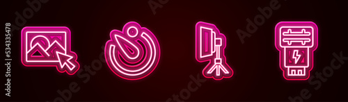 Set line Photo retouching, Camera timer, Softbox light and camera flash. Glowing neon icon. Vector