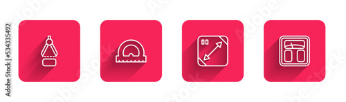 Set line Drawing compass, Protractor, Diagonal measuring and Bathroom scales with long shadow. Red square button. Vector