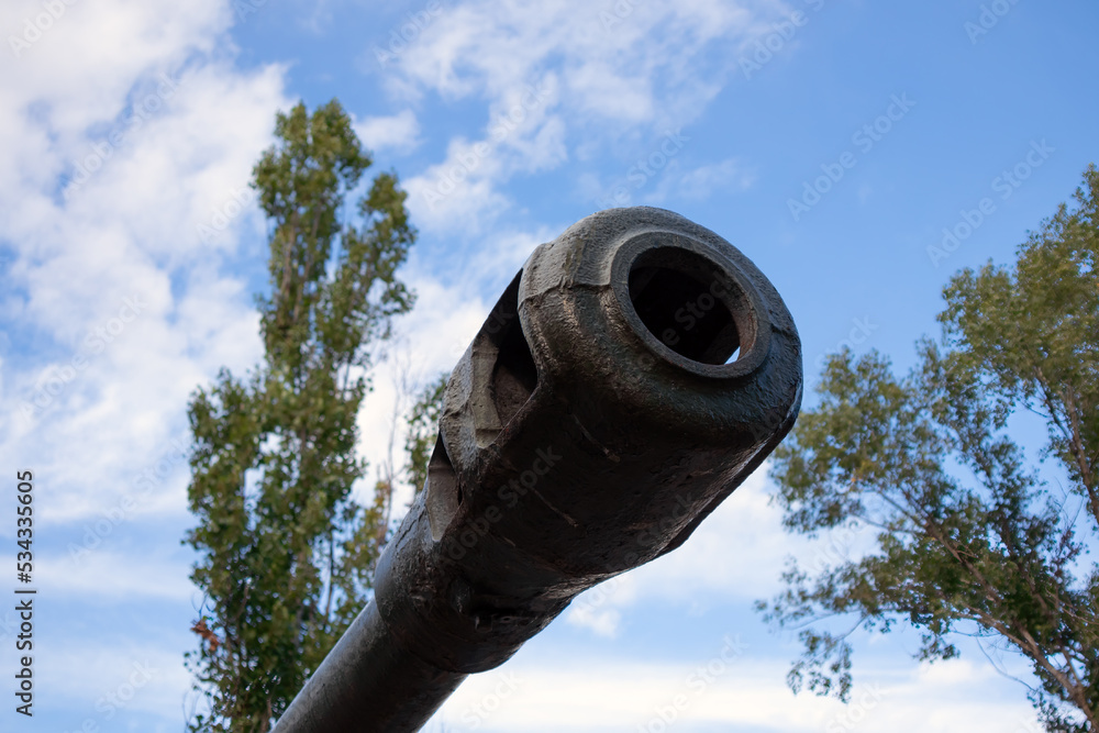 Muzzle of an old tank close-up. Military equipment outdoors Stock Photo ...