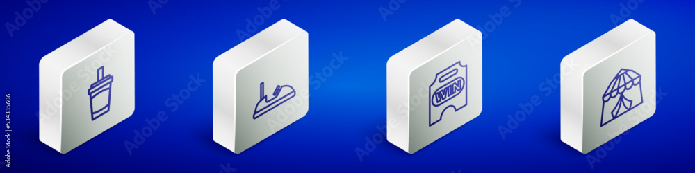 Set Isometric line Paper glass with water, Bumper car, Circus ticket and tent icon. Vector Set Isometric line Paper glass with water, Bumper car, Circus ticket and tent icon. Vector