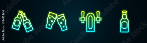 Set line Beer bottle, Glass of beer, tap and . Glowing neon icon. Vector