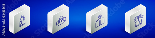 Set Isometric line Bottle for cleaning agent, Wet wipe pack, Hanger wardrobe and Rubber gloves icon. Vector