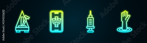 Set line Metronome with pendulum, Psychologist online, Addiction to the drug and Helping hand. Glowing neon icon. Vector