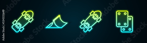 Set line Skateboard, park, Longboard or skateboard and Knee pads. Glowing neon icon. Vector