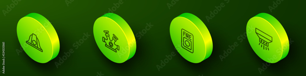 Set Isometric line Firefighter helmet, hydrant, alarm system and sprinkler icon. Vector Set Isometric line Firefighter helmet, hydrant, alarm system and sprinkler icon. Vector