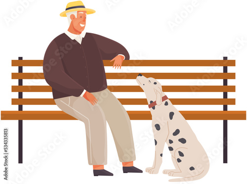 Pet owner sitting on bench with dalmatian dog. Caring for animals, joint pastime with pets concept. Elderly man with domestic animal in park. Retired male character spends time with puppy outdoor