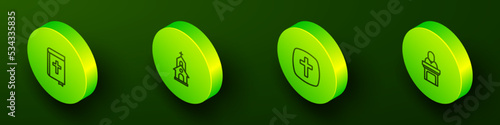 Set Isometric line Holy bible book, Church building, Christian cross and pastor preaching icon. Vector