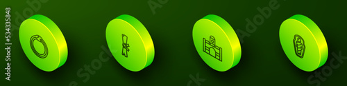 Set Isometric line Magic symbol of Ouroboros, Papyrus scroll, Egyptian house and mummy in sarcophagus icon. Vector