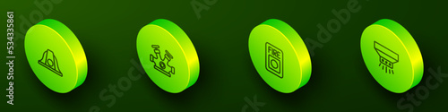 Set Isometric line Firefighter helmet, hydrant, alarm system and sprinkler icon. Vector