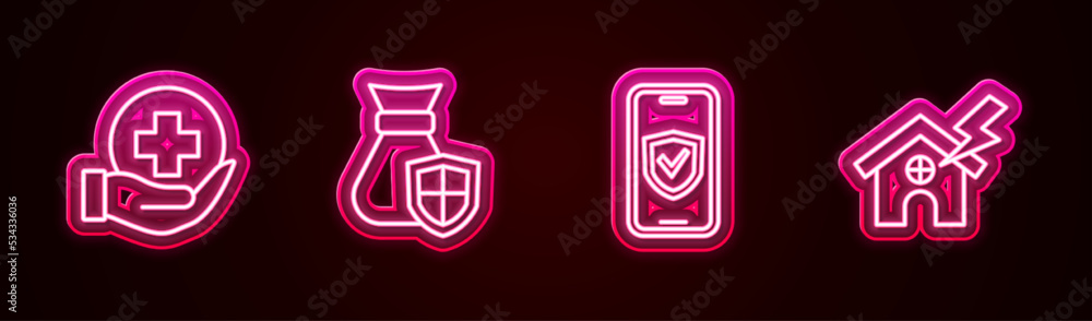 Set line Life insurance, Money bag with shield, Insurance online and House and lightning. Glowing neon icon. Vector Set line Life insurance, Money bag with shield, Insurance online and House and lightning. Glowing neon icon. Vector