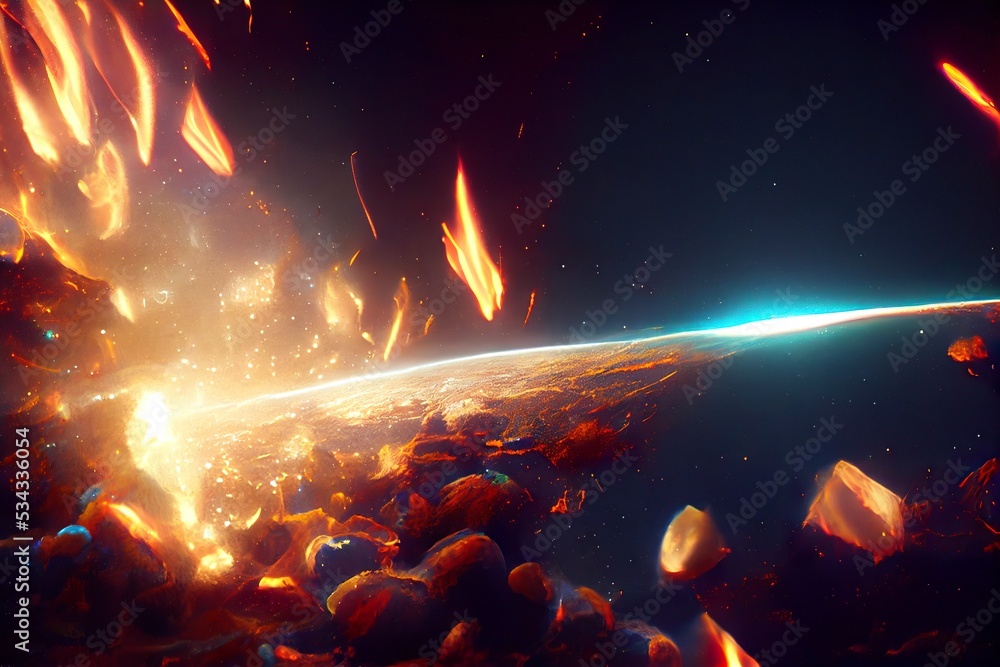 Fired Asteroid In Collision With Planet - 3d Rendering. sci fi outer space background. Fired Asteroid In Collision With Planet - 3d Rendering. sci fi outer space background.