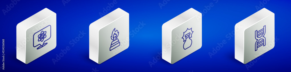 Set Isometric line Atom, Alcohol or spirit burner, Explosion in the flask and DNA symbol icon. Vector Set Isometric line Atom, Alcohol or spirit burner, Explosion in the flask and DNA symbol icon. Vector