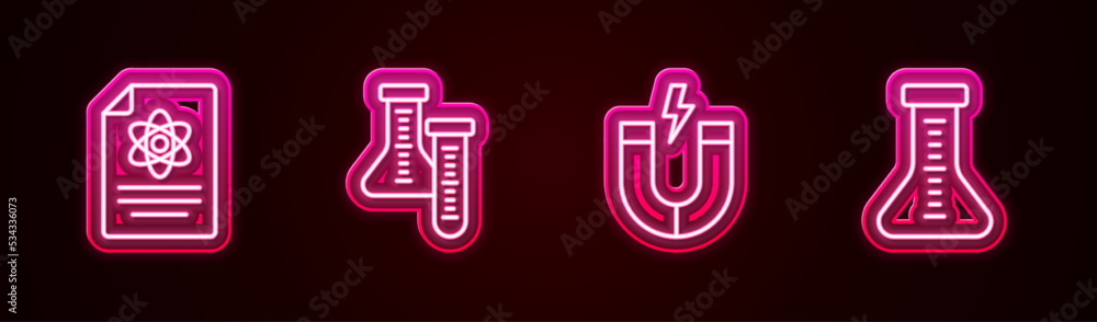 Set line Chemistry report, Test tube, Magnet and . Glowing neon icon. Vector Set line Chemistry report, Test tube, Magnet and . Glowing neon icon. Vector