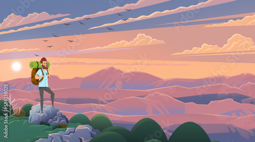 Man with backpack, traveller or explorer standing on top of mountain and looking on valley. Concept of discovery, exploration, hiking, adventure tourism and travel, Summer vacation. Around world