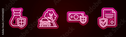 Set line Money bag with shield, Car damaged by fallen tree, and Contract. Glowing neon icon. Vector © Kostiantyn