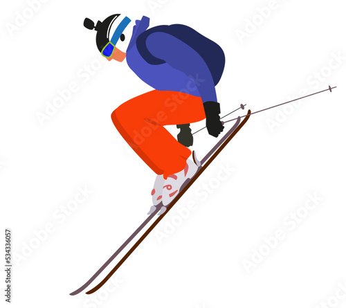 Skier jumping with a GoPro camera. Athlete in the ski resort. Winter seasonal activity. Vector illustration in flat style isolated on white background. 