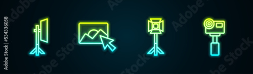 Set line Studio light bulb in softbox, Photo retouching, and Action extreme camera. Glowing neon icon. Vector