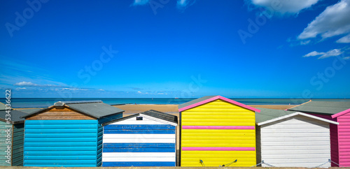 Holiday beach hut in Margate, Minnis bay, and Birchington. Blue sky and ocean. 