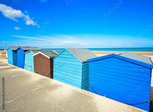 Holiday beach hut in Margate, Minnis bay, and Birchington. Blue sky and ocean.  © Christopher