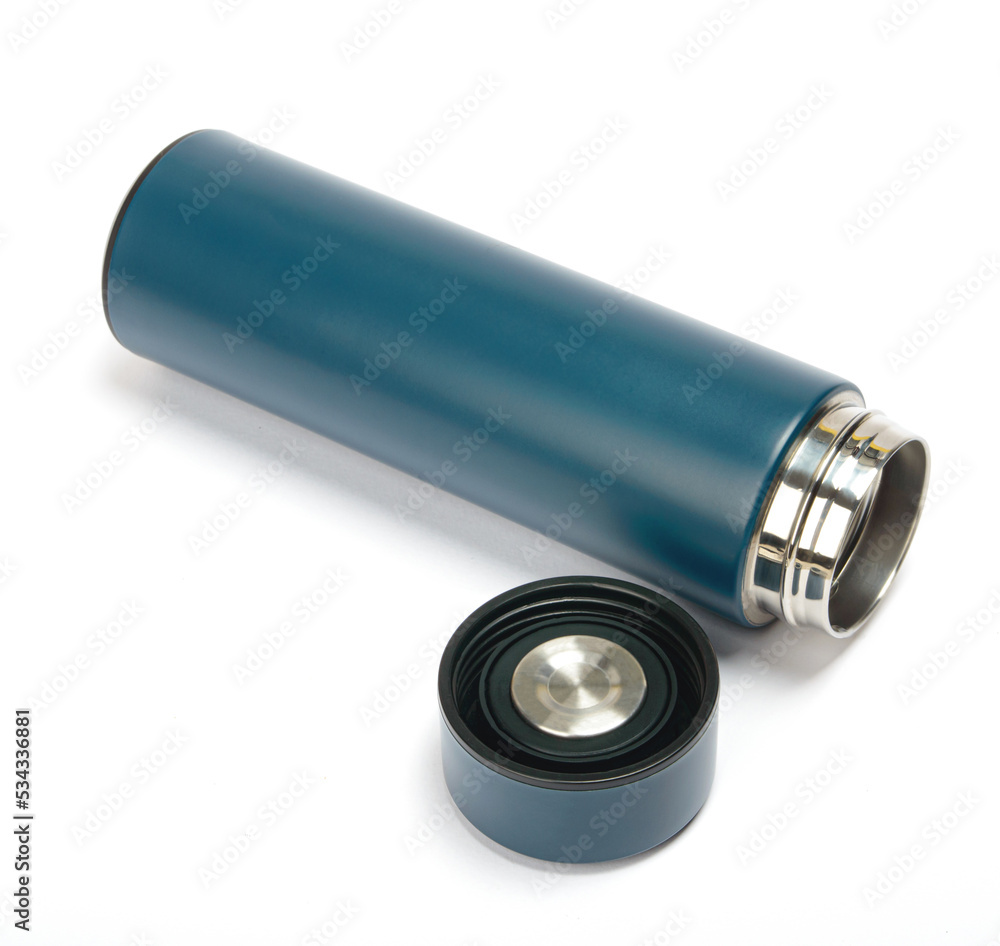blue open thermos on white insulated background