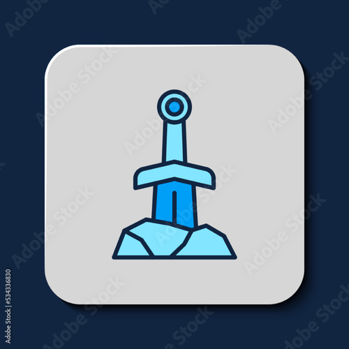 Filled outline Sword in the stone icon isolated on blue background. Excalibur the sword in the stone from the Arthurian legends. Vector