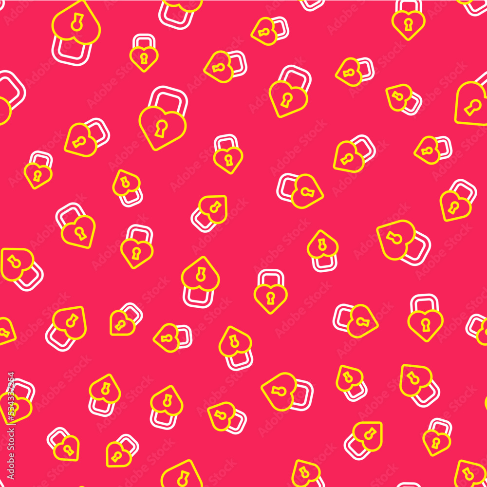 Line Castle in the shape of a heart icon isolated seamless pattern on red background. Locked Heart. Love symbol and keyhole sign. Vector Line Castle in the shape of a heart icon isolated seamless pattern on red background. Locked Heart. Love symbol and keyhole sign. Vector