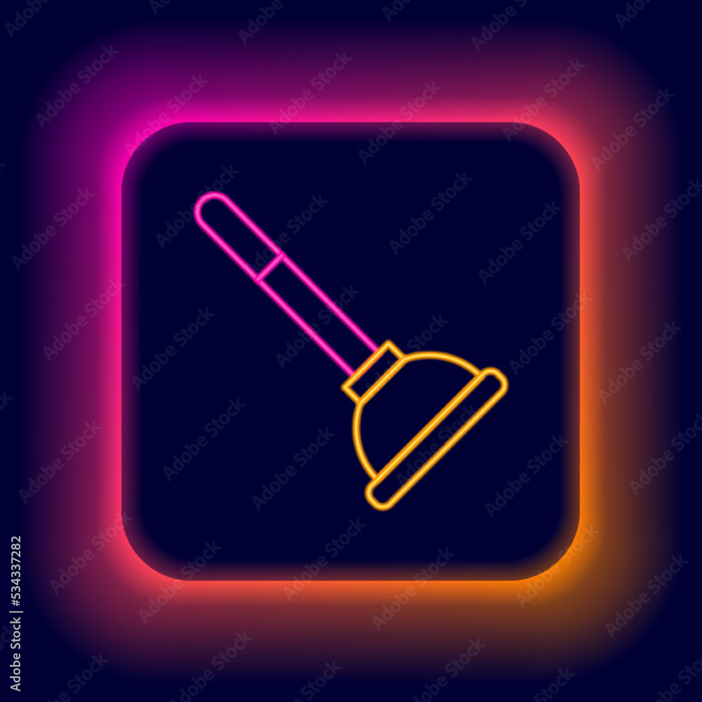 Glowing neon line Rubber plunger with wooden handle for pipe cleaning icon isolated on black background. Toilet plunger. Colorful outline concept. Vector