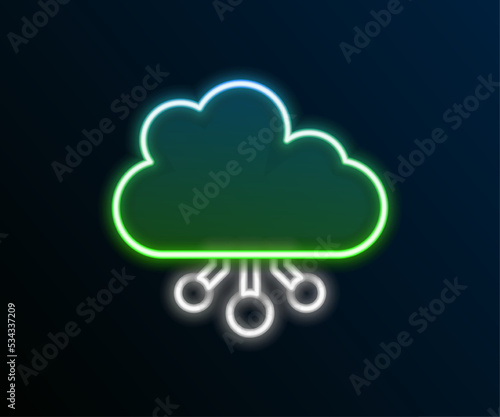 Glowing neon line Cryptocurrency cloud mining icon isolated on black background. Blockchain technology, bitcoin, digital money market, cryptocoin wallet. Colorful outline concept. Vector