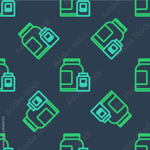 Line Sports nutrition bodybuilding proteine power drink and food icon isolated seamless pattern on blue background. Vector