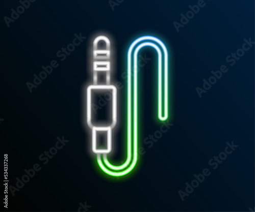 Glowing neon line Audio jack icon isolated on black background. Audio cable for connection sound equipment. Plug wire. Musical instrument. Colorful outline concept. Vector