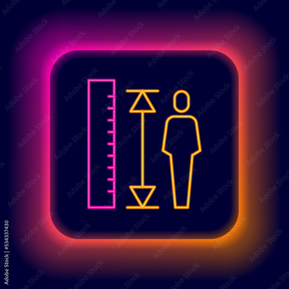 Glowing neon line Measuring height body icon isolated on black background. Colorful outline concept. Vector