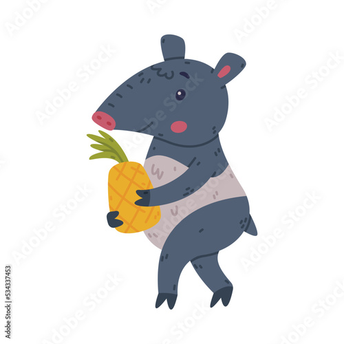 Fototapeta Naklejka Na Ścianę i Meble -  Cute Grey Tapir Animal with Proboscis Carrying Pineapple Fruit Vector Illustration