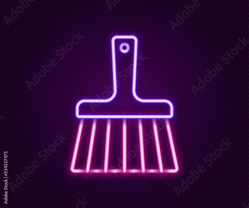 Glowing neon line Handle broom icon isolated on black background. Cleaning service concept. Colorful outline concept. Vector