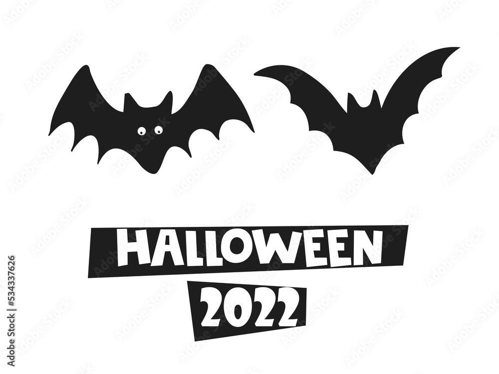 Halloween 2022 - October 31. A traditional holiday. Trick or treat. Vector illustration in hand-drawn doodle style. Set of silhouettes of bats.