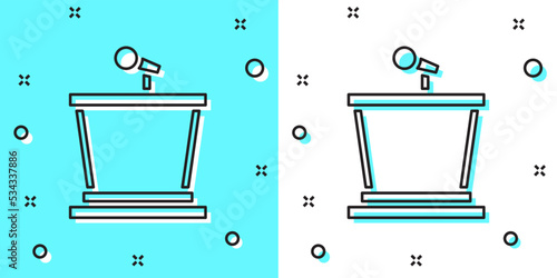 Black line Stage stand or debate podium rostrum icon isolated on green and white background. Conference speech tribune. Random dynamic shapes. Vector