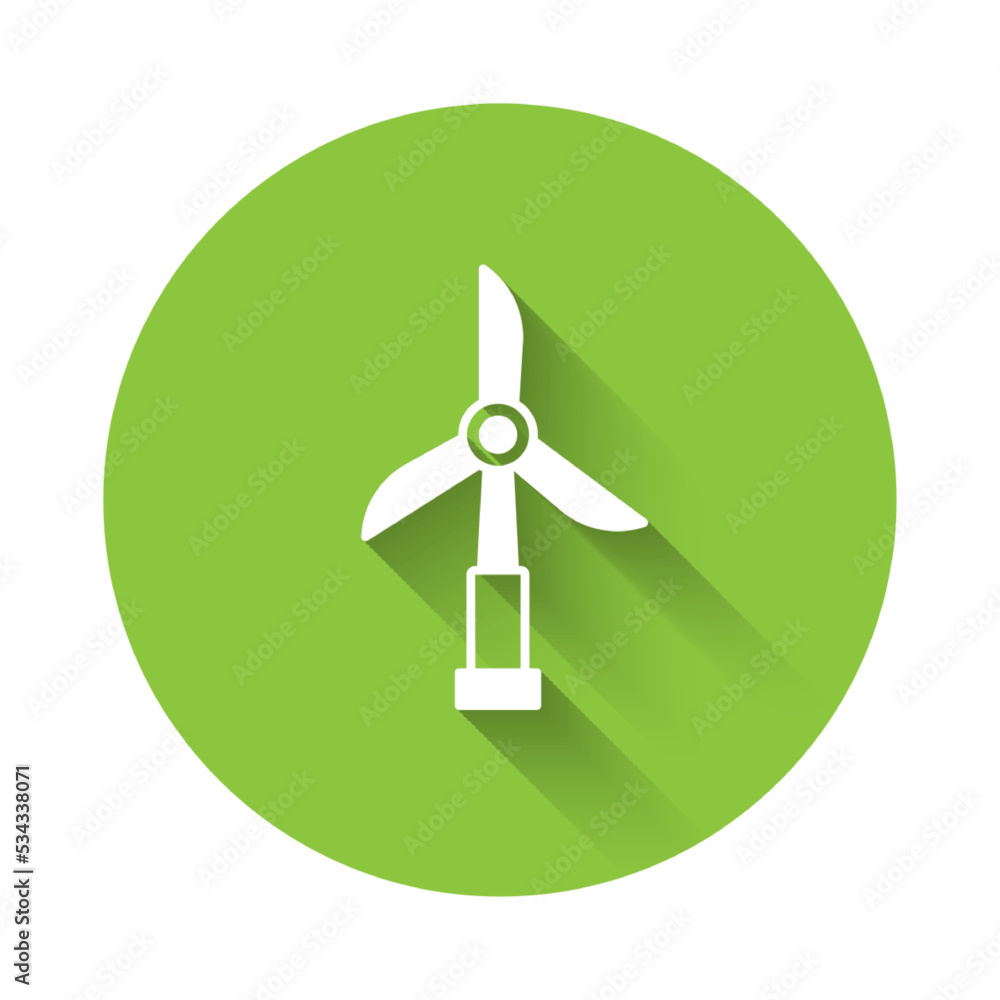 White Wind turbine icon isolated with long shadow background. Wind generator sign. Windmill for electric power production. Green circle button. Vector