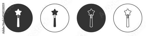 Black Magic wand icon isolated on white background. Star shape magic accessory. Magical power. Happy Halloween party. Circle button. Vector