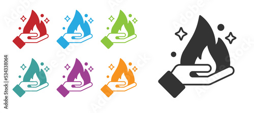 Black Hand holding a fire icon isolated on white background. Set icons colorful. Vector