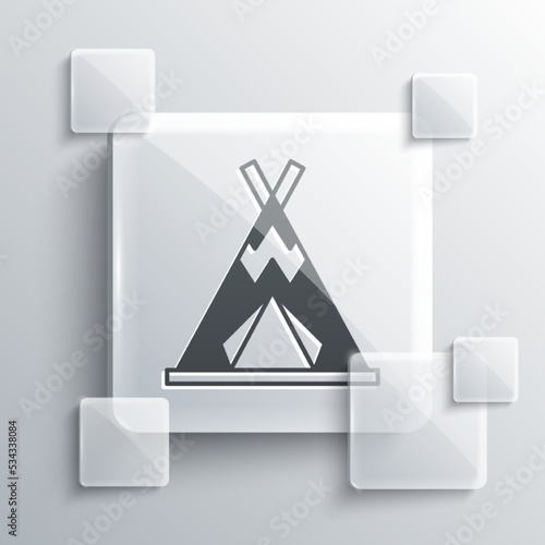 Grey Traditional indian teepee or wigwam icon isolated on grey background. Indian tent. Square glass panels. Vector
